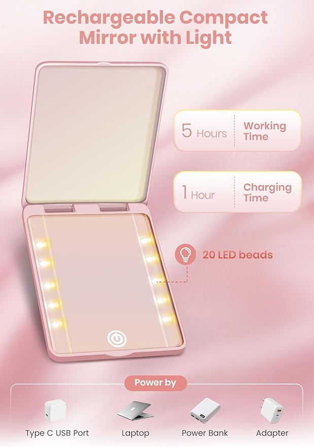 Compact Mirror, Rechargeable 30X Magnifying Mirror with 3 Lighting Modes & Dimmable Brightness, Portable Travel Makeup Mirror with Light, Essentials for Travel, Pocket, Purse, Gifts for Women Pink