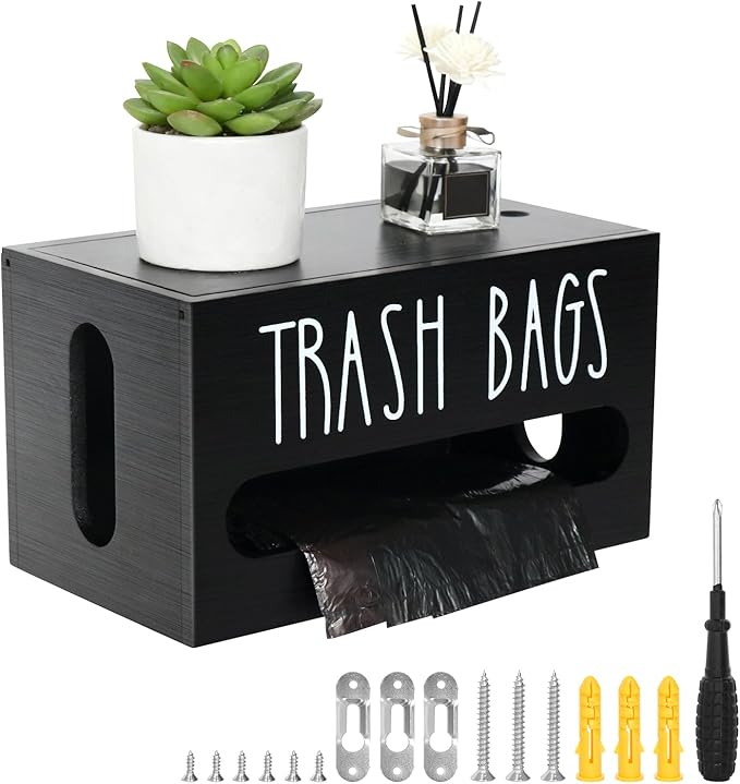 Trash Bag Dispenser, Wall Mounted, Small Wood Trash Bag Holder, used in kitchen, garage, laundry room, can store environmentally friendly food bags and garbage bags (Black/Small)