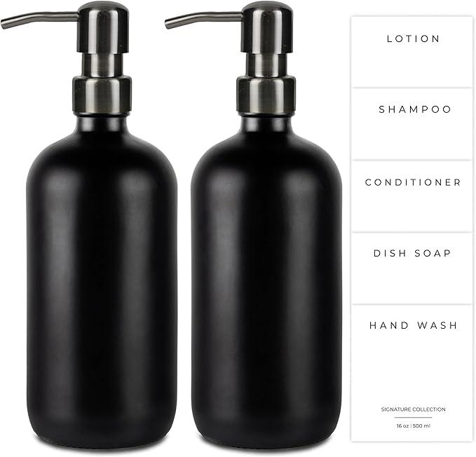 Emerson Essentials Glass Soap Bottle Dispensers, 2 Pack, Stainless-Steel Pumps Rust-Free, Hand Set for Bathroom Kitchen Sink, Liquid Lotion Shampoo Jars with 4 Waterproof Labels, 16 Oz Gunmetal
