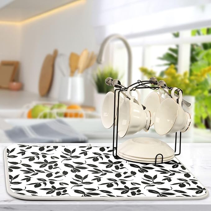Eucalyptus Leaves Dish Drying Mat for Kitchen Countertop 16x18 Black White Floral Leaf Small Drying Mat Reusable Quick Dry Dish Sink Absorbent Mats Dishwasher Easy Clean Decorative Home Essentials
