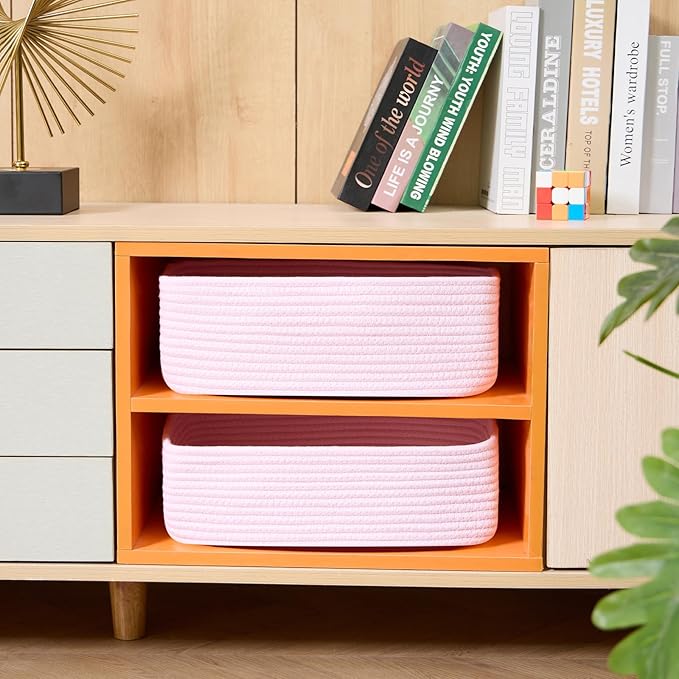 MiniArk Large Shallow Organizing Baskets 15x11x5.1 Inches - Rope Woven Storage Bins for Bathroom, Shelves, Cube Closet, Light Pink 3 Packs