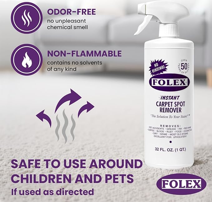 FOLEX Instant Carpet Spot Remover 32 oz – Powerful Stain Remover for Carpets, Upholstery & Rugs – Eliminates Pet Stains, Grease, Red Wine, Food, Makeup & More – With Reusable Cleaning Cloth - 5 Pack