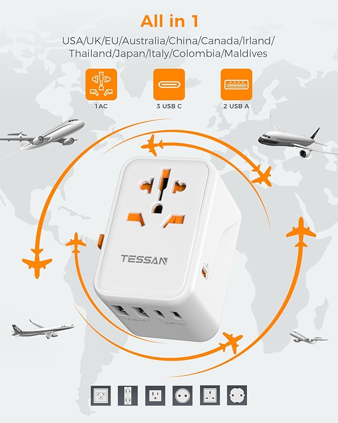 TESSAN Universal Travel Adapter Worldwide, GaN 65W International Plug Adapter with 3 USB C 2 USB A Ports, World Power Outlet for European USA UK Australia Ireland (Type C/G/A/I)