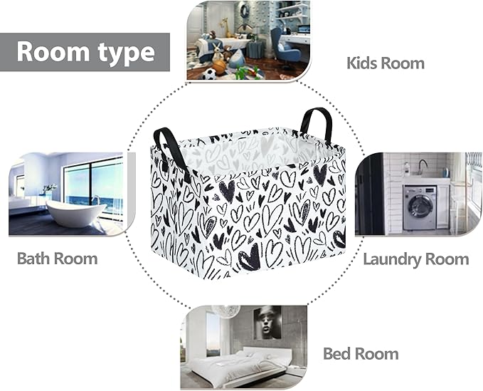 Rec Black Heart Print Box Hamper Storage Basket Collapsible Organizer Bin Gift Shelf Baskets for Home and Kitchen Storage
