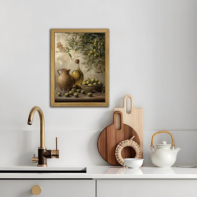 Wood Framed Olive Kitchen Wall Art, Vintage Rustic Still Life Canvas Print, Green Olives Poster Print Picture, Fruit Wall Decor Painting for Dining Room Cafe Restaurant Farmhouse Home Decor 12x16 inch