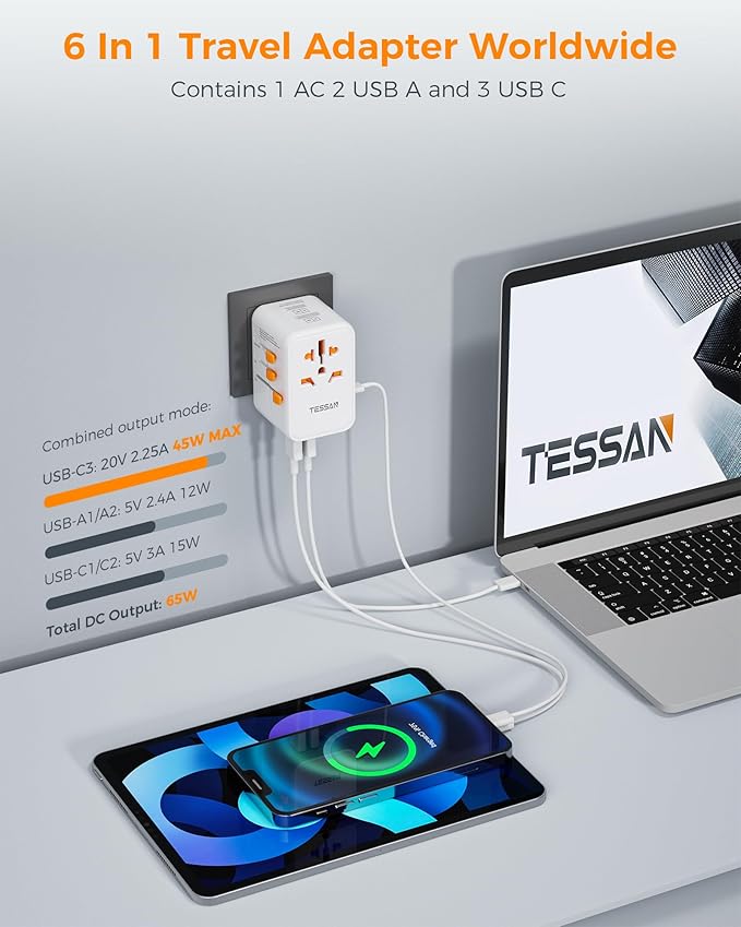 TESSAN Universal Travel Adapter Worldwide, GaN 65W International Plug Adapter with 3 USB C 2 USB A Ports, World Power Outlet for European USA UK Australia Ireland (Type C/G/A/I)