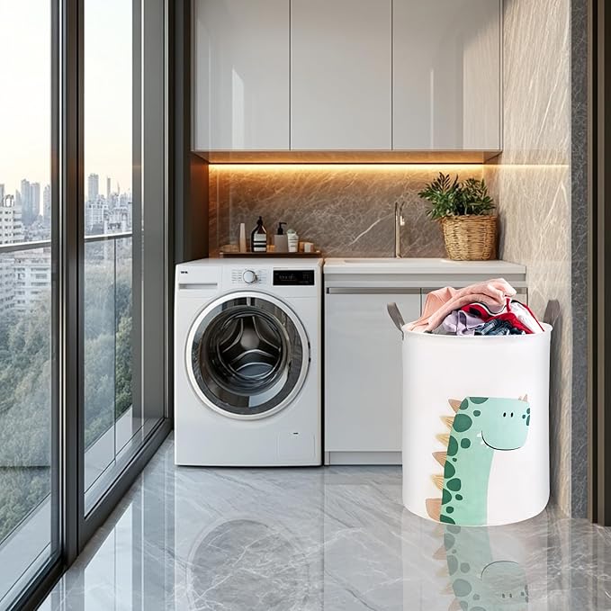 Mziart Kids Laundry Basket for Girls Boys, Cute Baby Laundry Hamper Waterproof Collapsible Large Storage Basket Nursery Toy Bin Home Decor Gift Baskets for Bathroom Bedroom 19.7 Inch (Green Dinosaur)