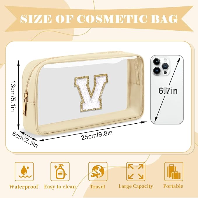 Personalized Initial Letter Clear Makeup Bag, Preppy Small Nylon & PVC Cosmetic Zipper Bag with Chenille Letter, Portable Beach Travel Skincare Toiletry Bag, Trendy Monogram Gift for Teen Girls Women, V
