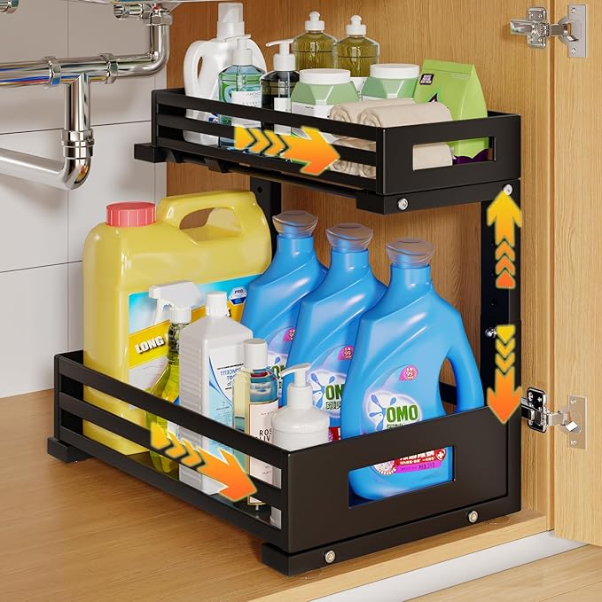 1-Pack Under Sink Organizers and Storage, 2-Tier L-Shape Pull Out Cabinet Organizer with Round Tube Slide Rails, Height Adjustable Slide Out Drawers for Kitchen & Bathroom, Multi-Purpose Storage Shelf - Black