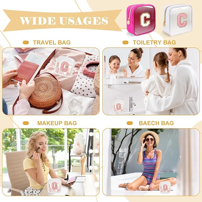 Personalized Initial Letter Clear Preppy Makeup Bag,Mini Nylon Chenille Letter Cosmetic Bag Cute Zipper Pouch Purse for Teen Girls,Portable TSA Approved Beach Travel Essentials Bag Gift for Women,C