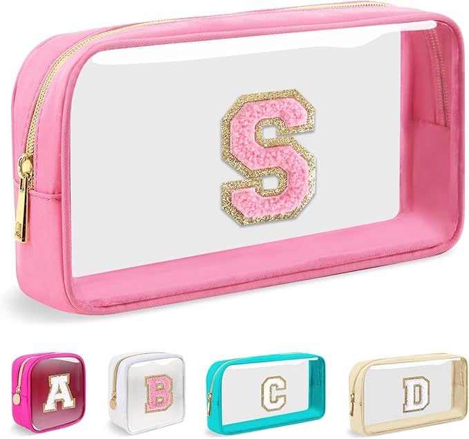 Small Clear Personalized Initial Makeup Bag,Nylon Preppy A-Z Chenille Letter Patch Cosmetic Pouch Beach Toiletry Bag,Waterproof Zipper Travel Purse Storage Bag Organizer for Women Girls(Pink-Pink S)