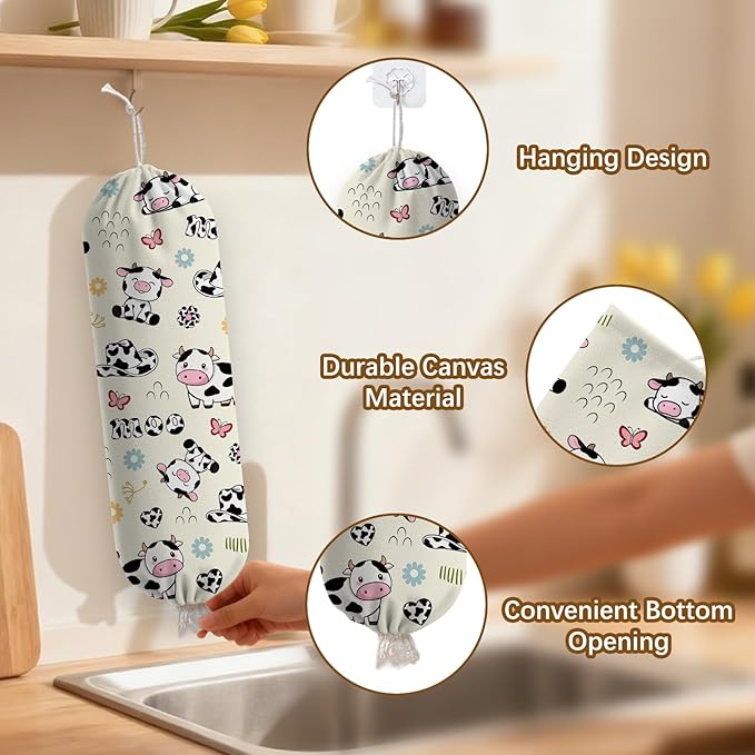 Cow Plastic Bag Holder Dispenser, Plastic Grocery Bag Organizer & Wall Mount Paper Trash Bags Saver Storage for Kitchen Home Pantry Decor, Cute Cow Shopping Bags Storage Dispenser