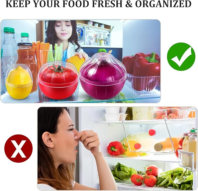 Vegetable and Fruit Storage Containers for Fridge, 4 Pcs BPA Free Reusable Food Saver - Tomato, Avocado, Onion, Lemon Keeper Holder - Refrigerator Vegetable Crisper for Keeping Food Fresh Longer