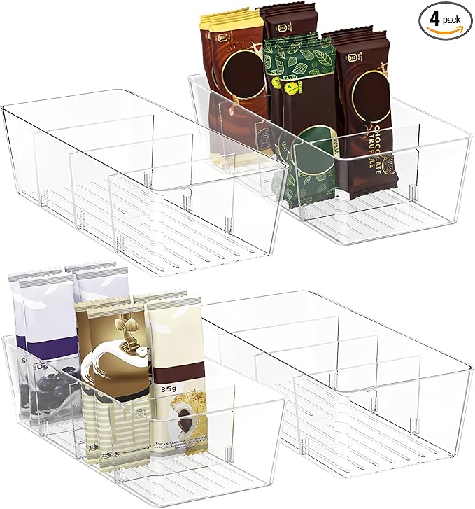 BALEINE Clear Plastic Storage Bins with 3 Removable Dividers, Pantry Organization, BPA Free Stackable Refrigerator Organizers and Storage for Kitchen Fridge Cabinet Bathroom (10.5x6.1x3.5, 4PK)