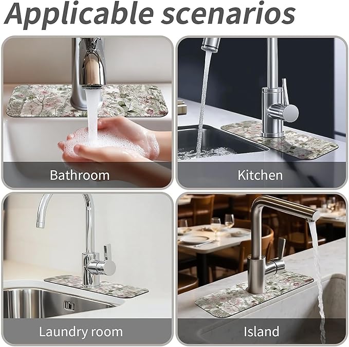 Kitchen Sink Splash Guard，Elegant-forest with flowers Faucet Mat Sink Gadgets-Super Absorbent Fast Drying Mat Drip Catcher for Kitchen, Bathroom,Sink Mat, Dish Drying Mat, Bathroom(15" X 5.5" )