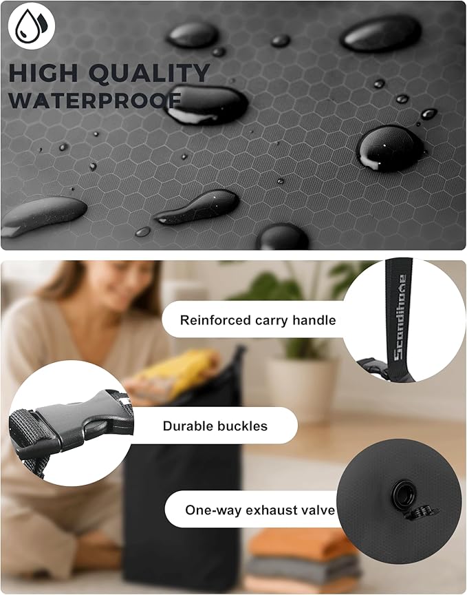 Travel Laundry Bag, Pump-free Vacuum Compression Dirty Clothes Bag, Large Reusable Waterproof & Washable Laundry Bag, Wet and Dry Bag, Ideal for Suitcases, Cruise Essentials (1 Pcs) Black