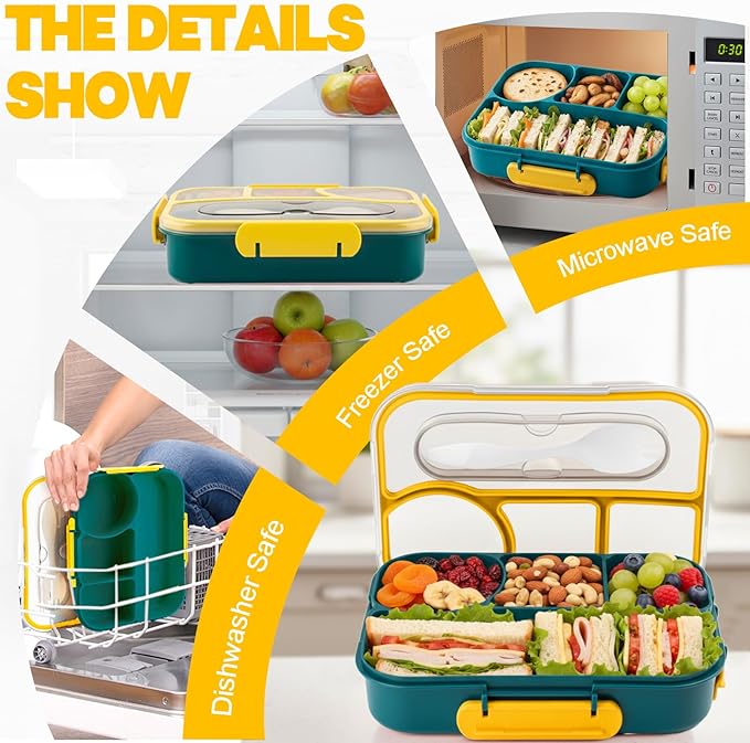 Bento Box for Adults,4 Compartments Lunch Box, Snack Containers Reusable Lunch Containers Drop-Proof, Dishwasher Safe & Made with BPA-Free Materials, Dark Blue