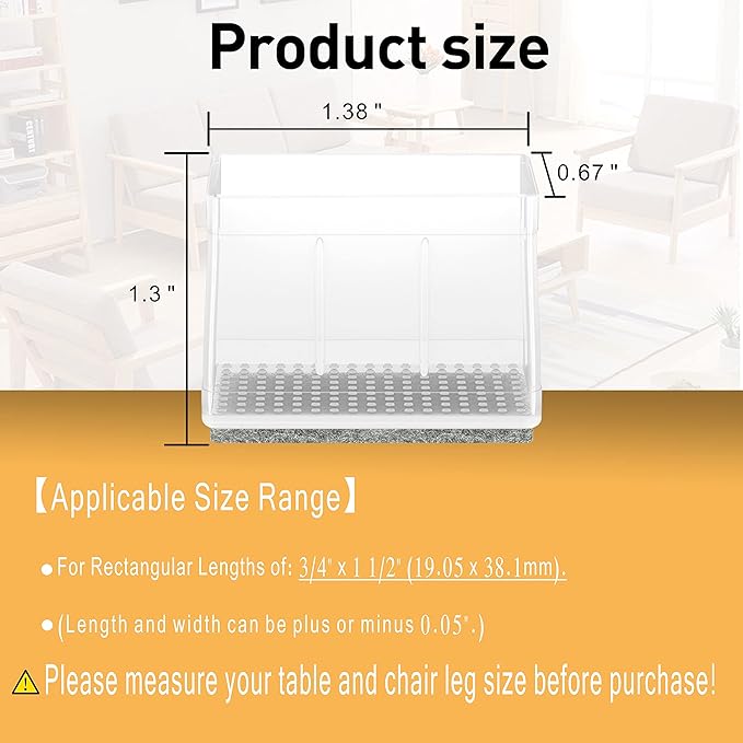 0.75" x 1.5" Rectangle Chair Leg Protectors for Hardwood Floors, Silicone Covers to Protect Wood Tile Floors Felt Pads Furniture Leg Caps Reduce Noise, Easy to Move.16 PCS Clear.