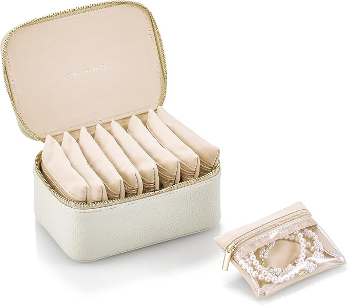 Vlando Gifts for Her,Travel Jewelry Case with 8 Velvet Jewelry Bags Jewelry Travel Organizer Box for Girls Jewelry Box for Rings Earrings Brides Gifts Birthday Gifts for Women Teen(White)