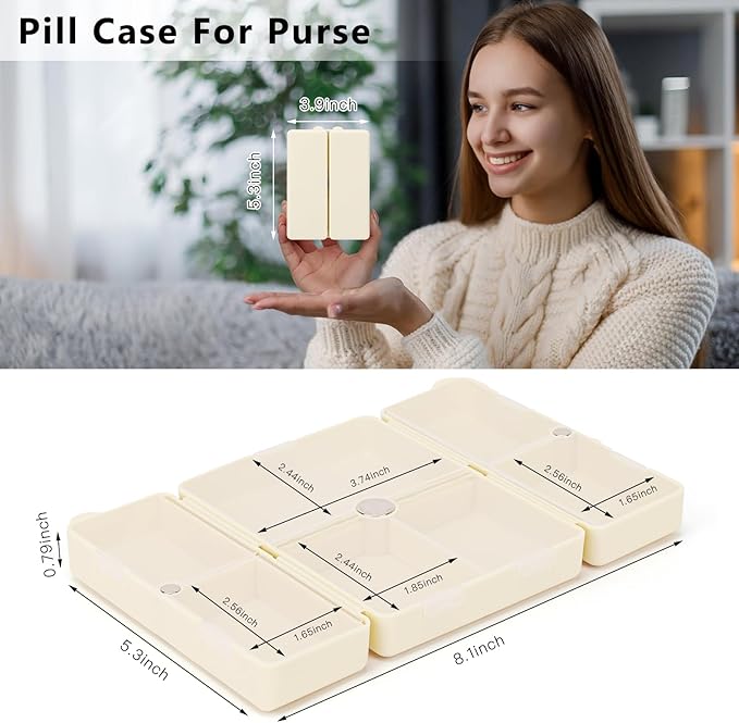 FYY Daily Pill Organizer,2 Pcs 7 Compartments Portable Pill Case Travel Pill Organizer,[Folding Design] Pill Box for Purse Pocket to Hold Vitamins,Cod Liver Oil,Supplements and Medication-White