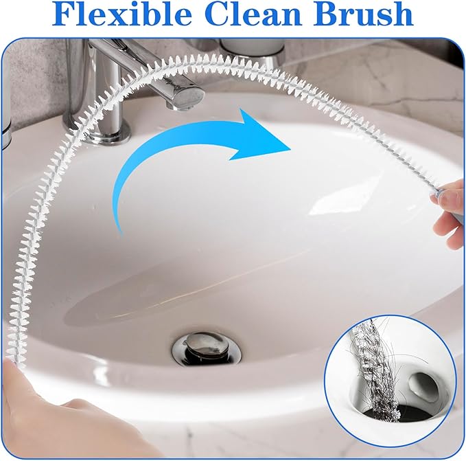 2pcs Sink Drain Cleaner Brush, 23.62 Inches Snake Cleaning Flexible Drain Brush, Long Pipe Drains Clog Remover Hair Cleaning Tool for Toilet, Kitchen Sink, Bathroom Tub, Shower, and Sewer