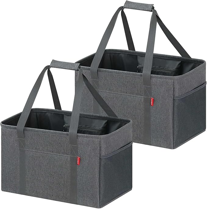 LHZK 2 Pack Utility Tote Bag with Metal Wire Frame and the Sides Rinforced, Large Tote Bag with Handle, Reusable Grocery Bags Foldable, Beach Bag, Car Tote (Grey, 18.5''x11.8''x11.5'')