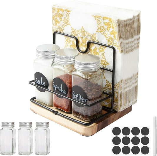 Wood Napkin Holder for Paper Napkin with Salt and Pepper Sharkers for Kitchen Dinner Table Counter Rustic Uplight Napkin Holder Disepenser for Restaurtant and Home Dinning.(Includ 3 Spice Bottles)