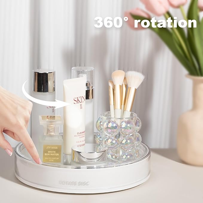 Anyoifax 360 Rotating Makeup Organizer Perfume Tray Skincare Holder Spinning Cosmetic Storage Bathroom Countertop Organizer Lazy Susan Turntable for Dresser, Vanity, Kitchen, Small White