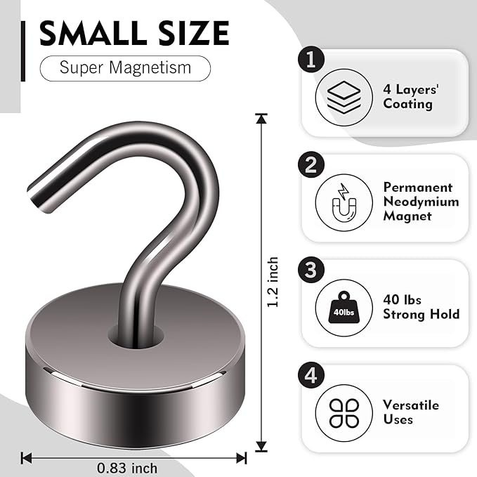 Neosmuk Magnetic Hooks, Cruise Ship Essentials, 40lb+ Heavy Duty Magnetic Hooks for Cruise Cabins, Refrigerator, Grill, Hanging, and Travel | Extra Strong Must-Haves Magnet Hook,Grey,Pack of 5