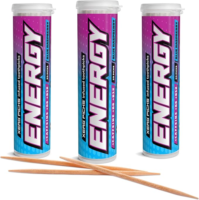Xero Picks Energy Caffeine Flavored Toothpicks B12 for Focus & B6, 60 Picks (Pack of 3) (Blue Raspberry) Sugar-Free Alternative to Energy Mints & Gum - Kosher