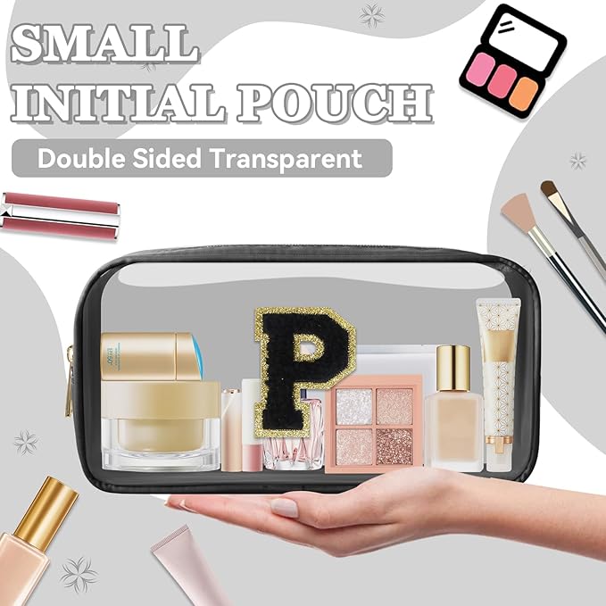 Small Clear Personalized Initial Makeup Bag, Preppy Nylon A-Z Chenille Letter Patch Makeup Organizer TSA Approved Travel Toiletry Bag,Waterproof Zip Beach Cosmetic Pouch Purse for Women(Black-Black P)