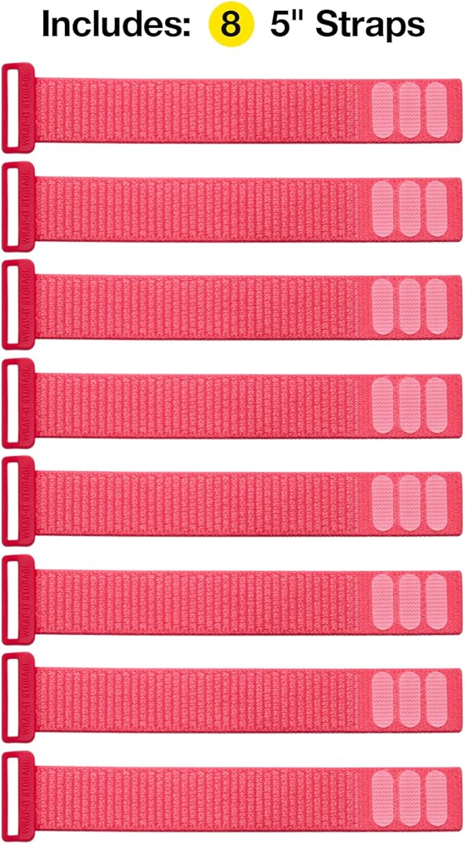 Wrap-It Storage Cinch Straps - 5" (8-Pack) Coral - Appliance Cord Organizer and Cable Ties for Chargers and Home Office Accessories