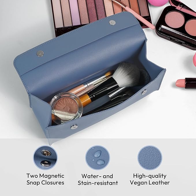 carrotez Stylish PU Leather Makeup Bag: Versatile Travel Toiletry Bag & Cosmetic Pouch, Small Makeup Organizer for Purse Essentials - Ideal Makeup Brush Holder & Sunglasses Case for Women - Soft Blue