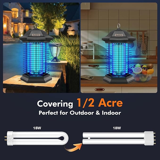 AMUFER Bug Zapper Outdoor Indoor, 18W Power & 4400V Instant Grid Mosquito Repellent, Insect Control Efficiency Increased 100%, 1/2 Acre Coverage, Fly Trap for Patio, Backyard, Home