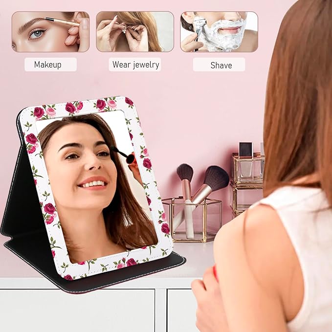 Mirror Folding Portable Travel Makeup Compact Personal Hand Mirror PU Portable Adjustable Rectangular Ultrathin Vanity Mirror with Stand, for Travel, Camping,Home, Office & On-The-Go (Rose Pattern)