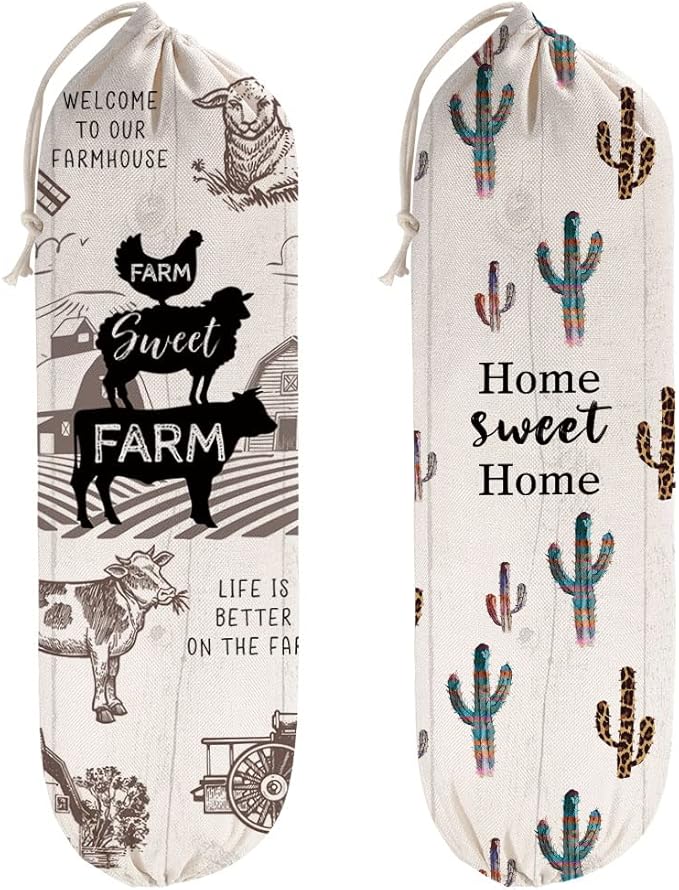 2Pcs Farmhouse Plastic Bag Holder for Kitchen Essentials, Reusable Hanging Grocery Bag Organizer, Washable Large Grocery Trash Bags Storage Dispenser, Farmhouse Home Decor