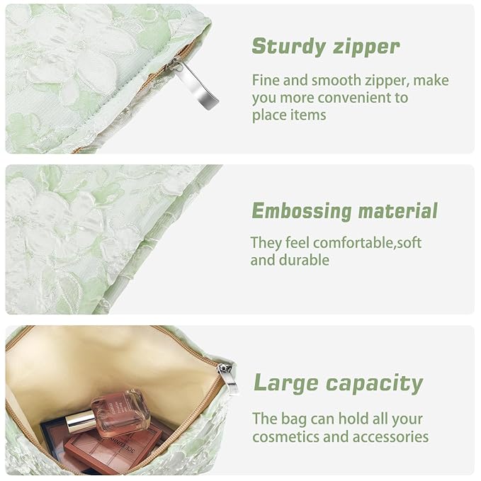 ZLFSRQ Flower Makeup Bag for Women Girls Teens Travel Cute Floral Cosmetic Bags Large Zipper Cosmetic Pouch for Purse Portable Toiletry Bag Aesthetic Embossed Green Makeup Brushes Storage Organizer