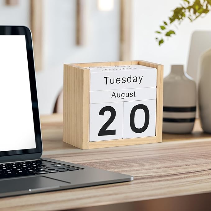 Wooden Block Calendar for Desk, Daily Desktop Perpetual Desk Calendar, Cute Date Display Blocks Desk Accessory for Home Office Decor, Teacher, Classroom, Reusable Yearly, Wood Grain