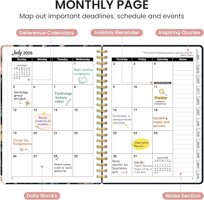 Planner 2026-2027, Academic Monthly and Weekly Calendar Planner for Women, July 2026 - June 2027, Hardcover Pretty Agenda Planner Book with Tabs, Spiral Daily Organizer for School Office Home Supplies, 6.3" x 8.5" - Evening Petals