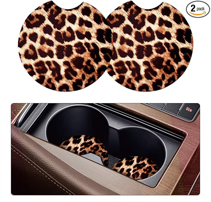 2 Pack Car Coasters for Drinks - 2.75 Inch Cute Cup Holder Coasters for Women, Removable Absorbent Coaster, Interior Accessories for Women & Girls (Yellow Leopard)