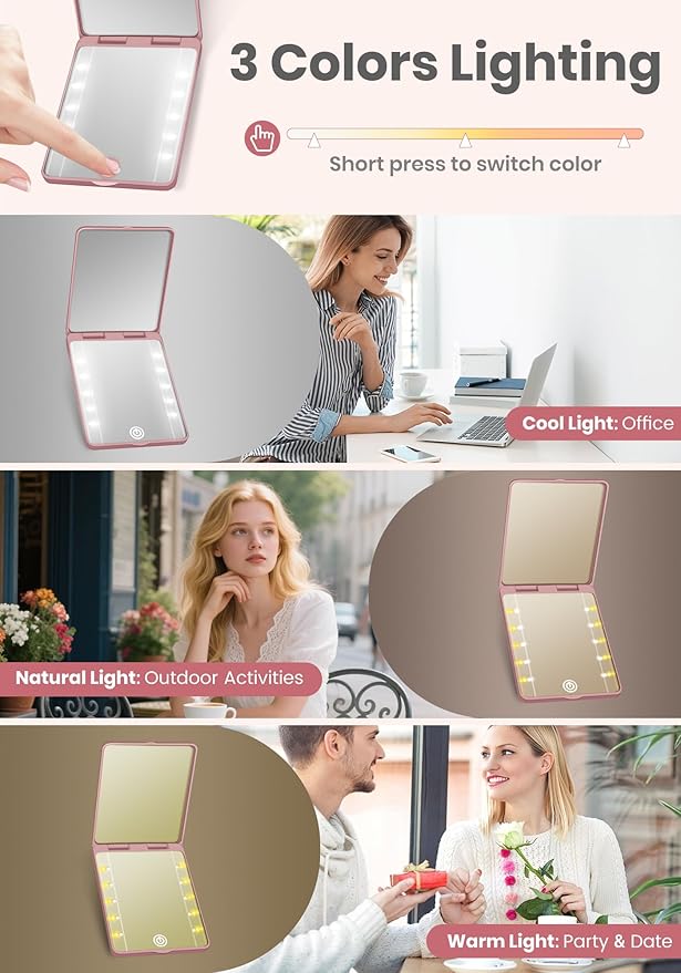 Compact Mirror, Rechargeable 30X Magnifying Mirror with 3 Lighting Modes & Dimmable Brightness, Portable Travel Makeup Mirror with Light, Essentials for Travel, Pocket, Purse, Gifts for Women Rose