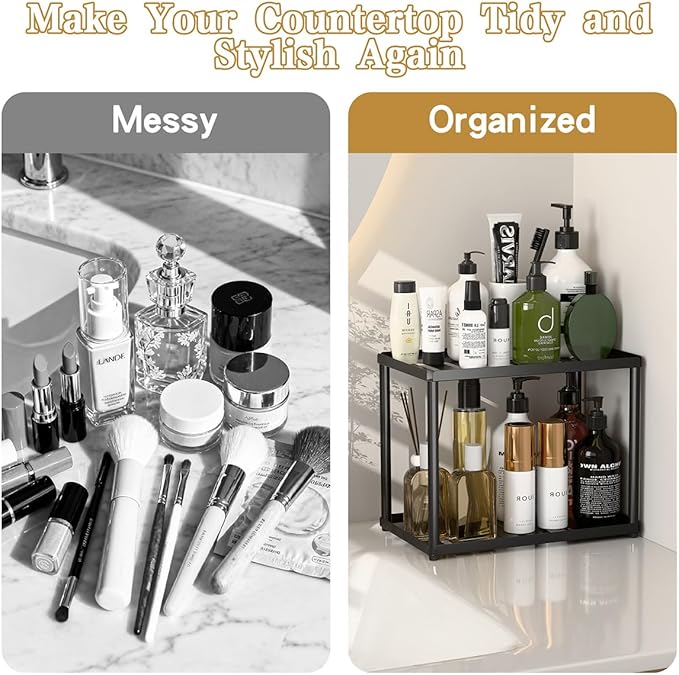 2 Tier Bathroom Counter Organizer, Rectangular Vanity Organizer Shelf, Skincare and Makeup Countertop Storage Rack for Kitchen, Bathroom, Bedroom, Black (Standard Version)