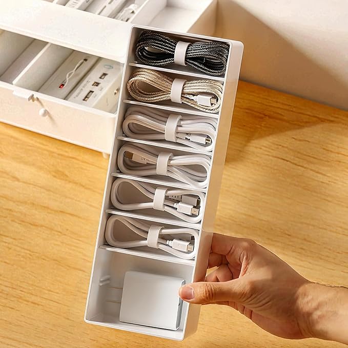 PAVSTINE White Plastic Cable Organizer Box with Adjustment Compartments, Stackable Desk Accessories Storage Case with 7 Wire Ties for Drawer Supplies, Stationery, Battery and Charger Cord Storage