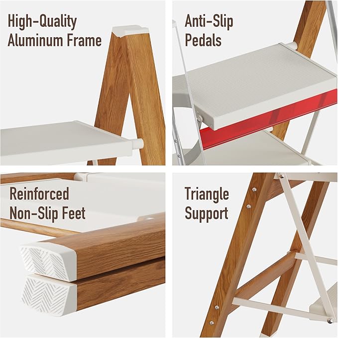 3 Step Lightweight Aluminum Folding Ladder, Portable Step Stool with Wide Anti-Slip Pedals, 330 lbs Capacity for Home,Cleaning Tasks（White&Woodgrain）