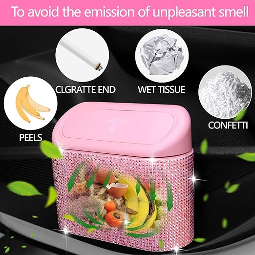 NBTEPEM Bling Pink Car Trash Can with Lid, Mini Auto Garbage Can with 30 Trash Bags, Automotive Garbage Container Bin, Bling Car Accessories Trash Can for Women (Pink Diamond)