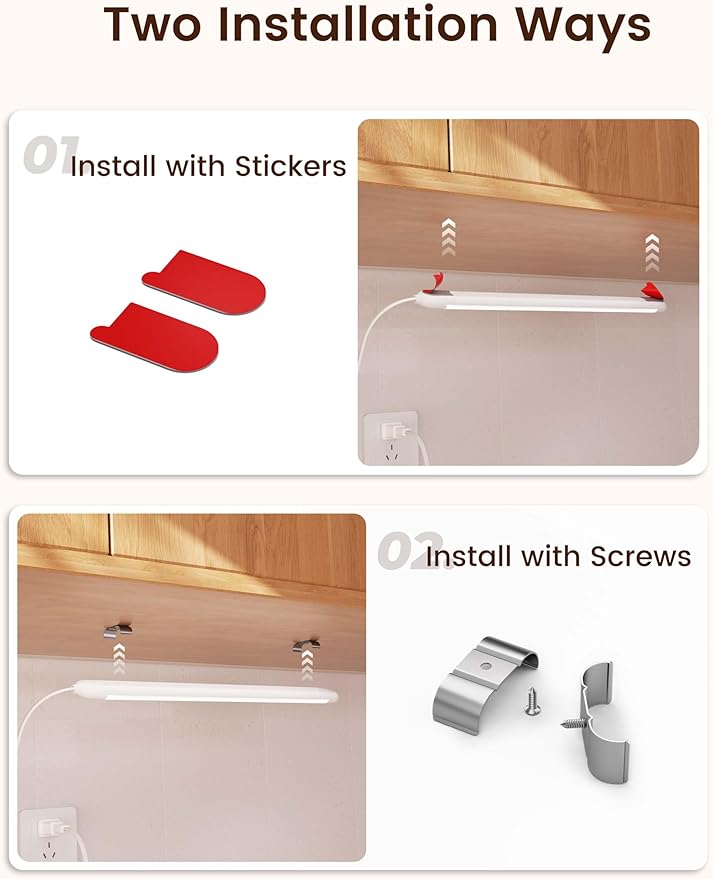 2 Pack Hand Wave Under Cabinet Lights, 16 Inch Plug in Dimmable Kitchen Counter Light Brightness Adjustable Over Sink Lighting, Super Bright LED Lights Motion Sensor Above Stove Lites Under Shelf Lamp