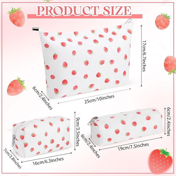 3 Pcs Makeup Bag Set for Women Corduroy Cosmetic Pouch Aesthetic Smile Travel Toiletry Bag Cute Purse Pouch Pencil Case Makeup Brushes Storage Organizer for Christmas (Beige,Strawberry)