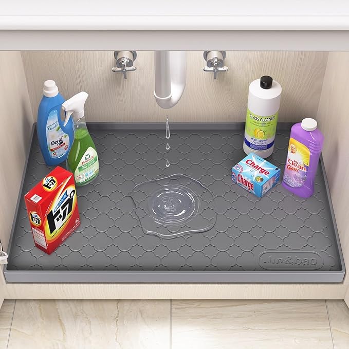 Jin&Bao Waterproof Under Sink Mat 25" x 22", Thick Silicone Mat Cabinet Protector for Kitchen and Bathroom, Shelf Liner, Home Organizer and Storage, Multipurpose Tray for Gadgets and Essentials