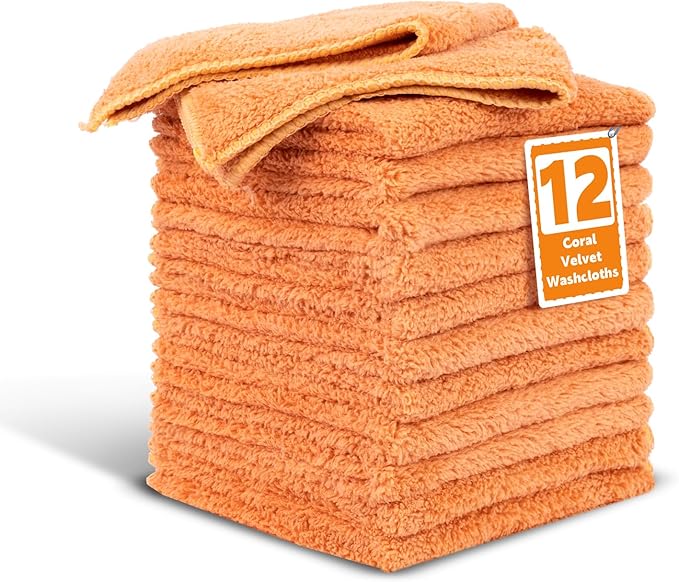 TEAWOO Coral Velvet Grayish Blue Washcloths 12 Pack, Highly Absorbent and Soft Grayish Blue Face Towels, Multi-Purpose Washcloths and Hand Towels for Bathroom, Hotel, Spa and Gym, 12 x 12 inches