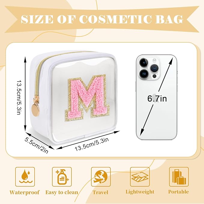 Personalized Initial Letter Clear Preppy Makeup Bag,Mini Nylon Chenille Letter Cosmetic Bag Cute Zipper Pouch Purse for Teen Girls,Portable TSA Approved Beach Travel Essentials Bag Gift for Women,M